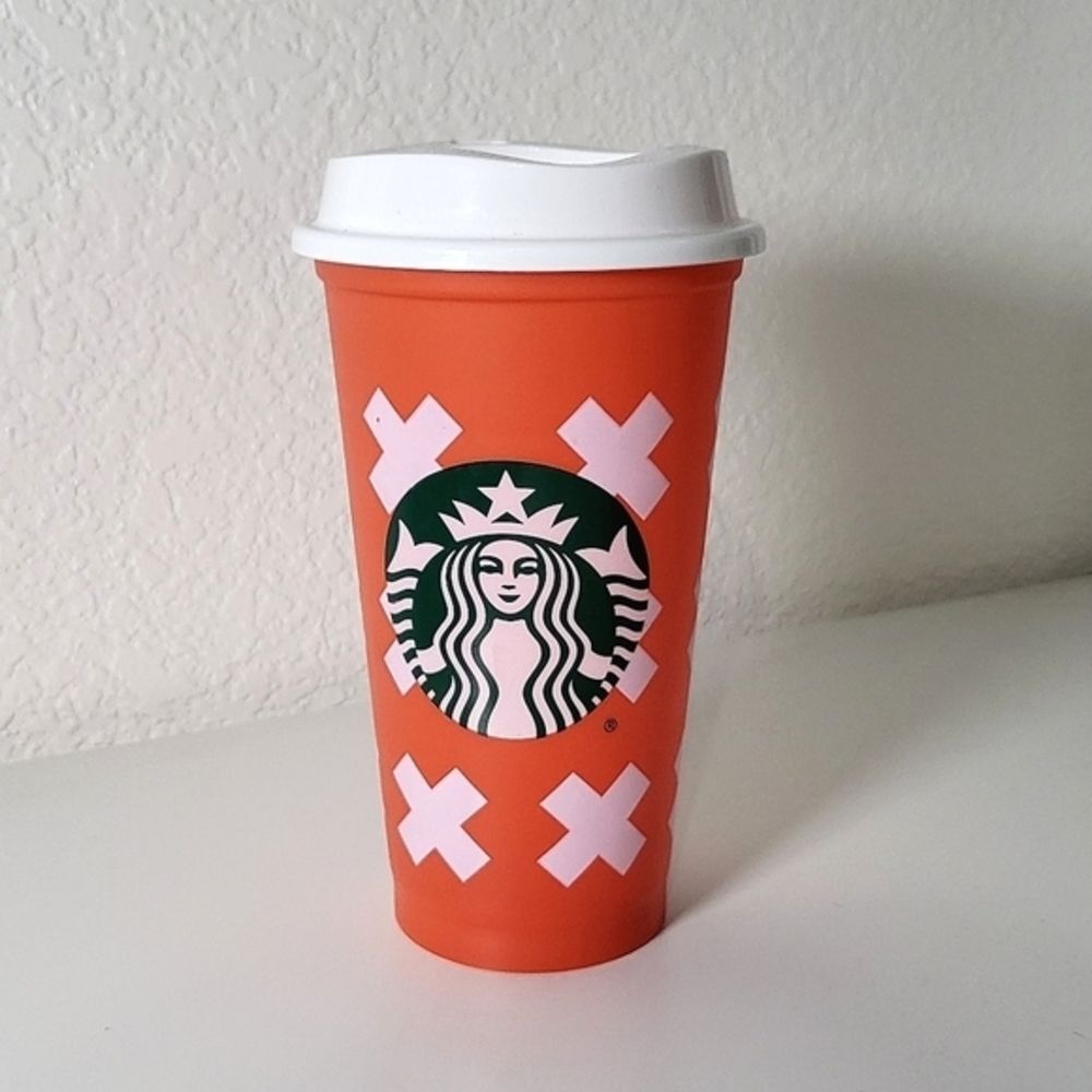 Starbucks Orange Plastic X Design Logo Reusable Travel Cup 16oz with White Lid